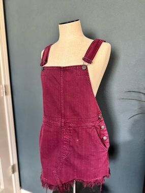Free People Wine Red Denim Overall Skirt